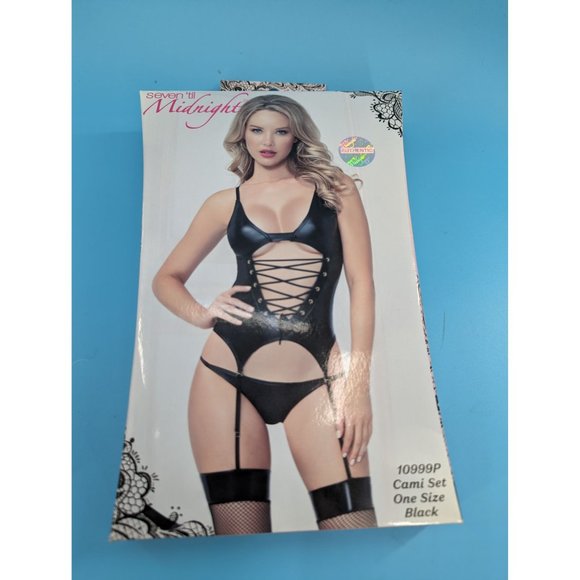 Seven Til Midnight sexy lace up grommet style cami set wet look gartered - Picture 3 of 5